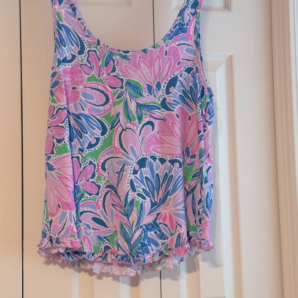 LILLY PULITZER PJ Knit Ruffle Tank Top, Gecko Green Tiger Sunrise Size LARGE